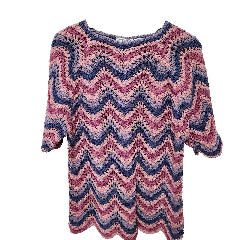 The Villager Knitted by Hand Crochet Knit Top Silk Blend Chevron Scalloped Hem L